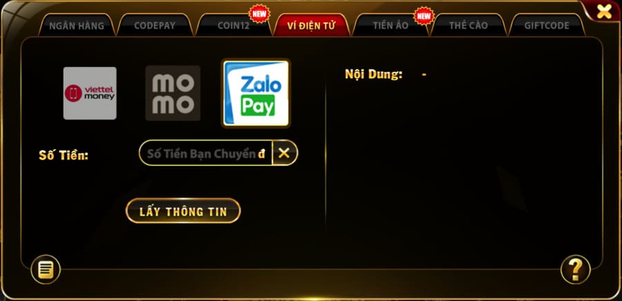 Nạp tiền Go88 bằng ví điện tử Viettel Pay, Zalo Pay, Momo