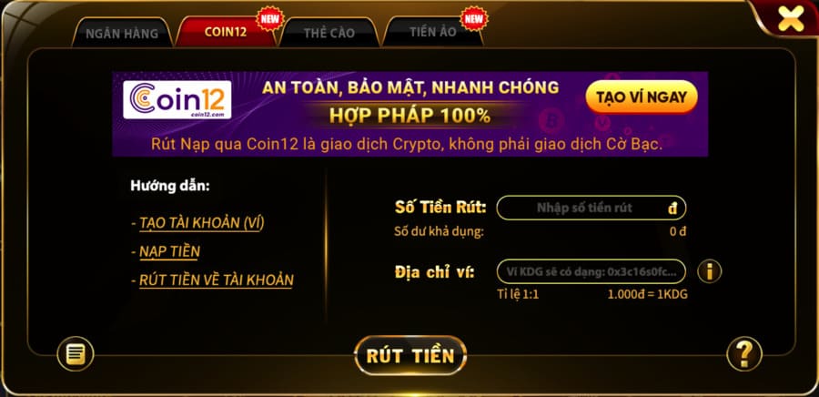 Rút tiền Go88 bằng coin12