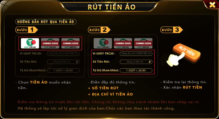 Rút tiền Go88 chuyển thành tiền ảo USDT