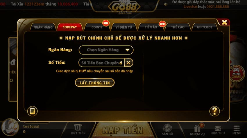 Cách nạp tiền Go88